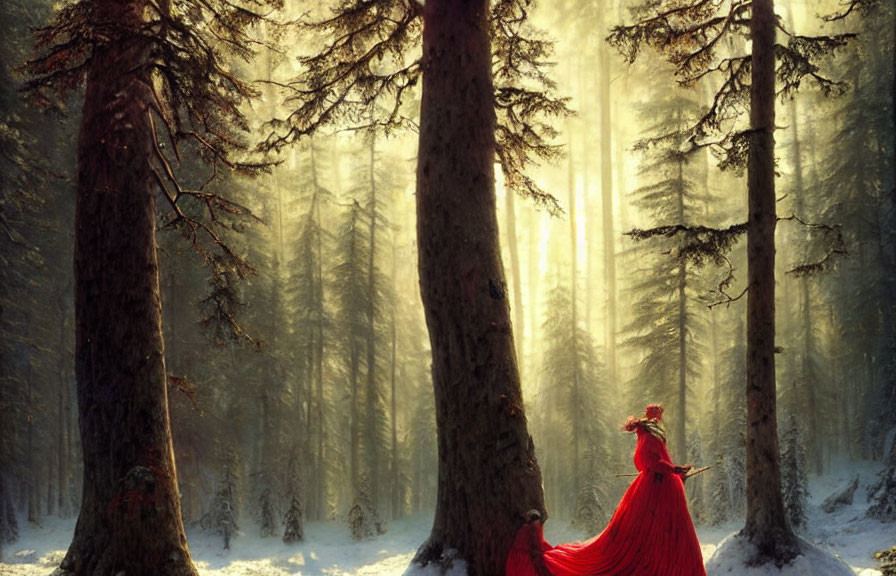 Person in Red Cloak Stands in Snowy Forest with Sunbeams