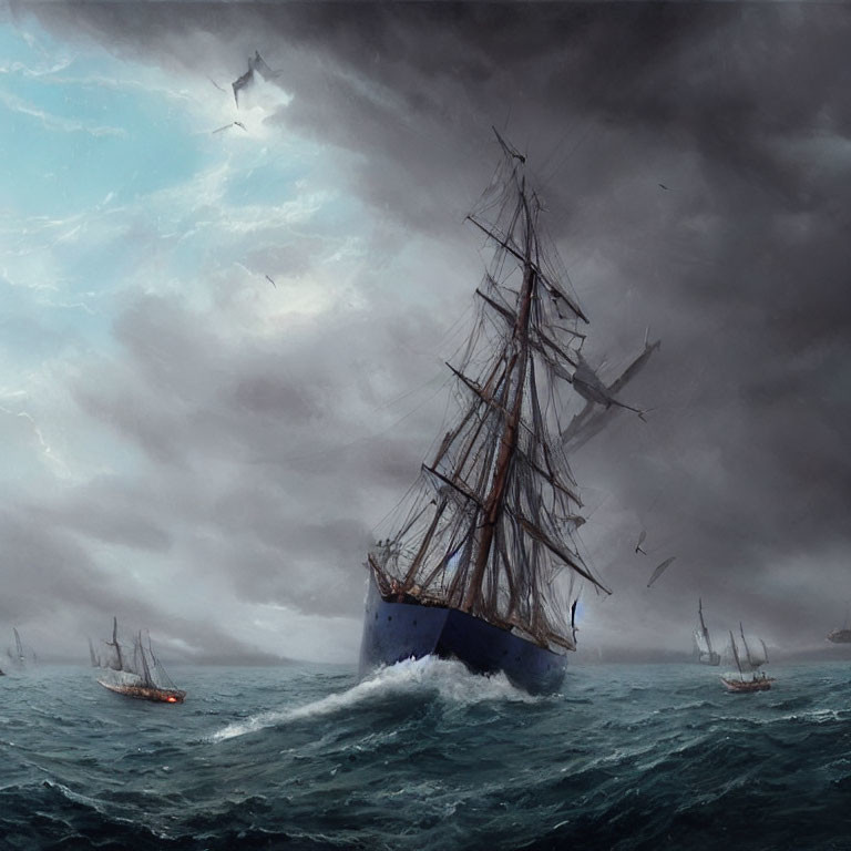 Tall ship braving stormy seas with seagulls and ships in background