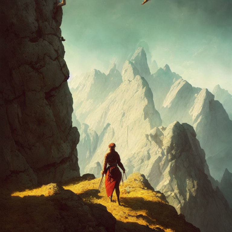 Person in Red Cloaks on Mountain Edge with Dragons and Towering Peaks