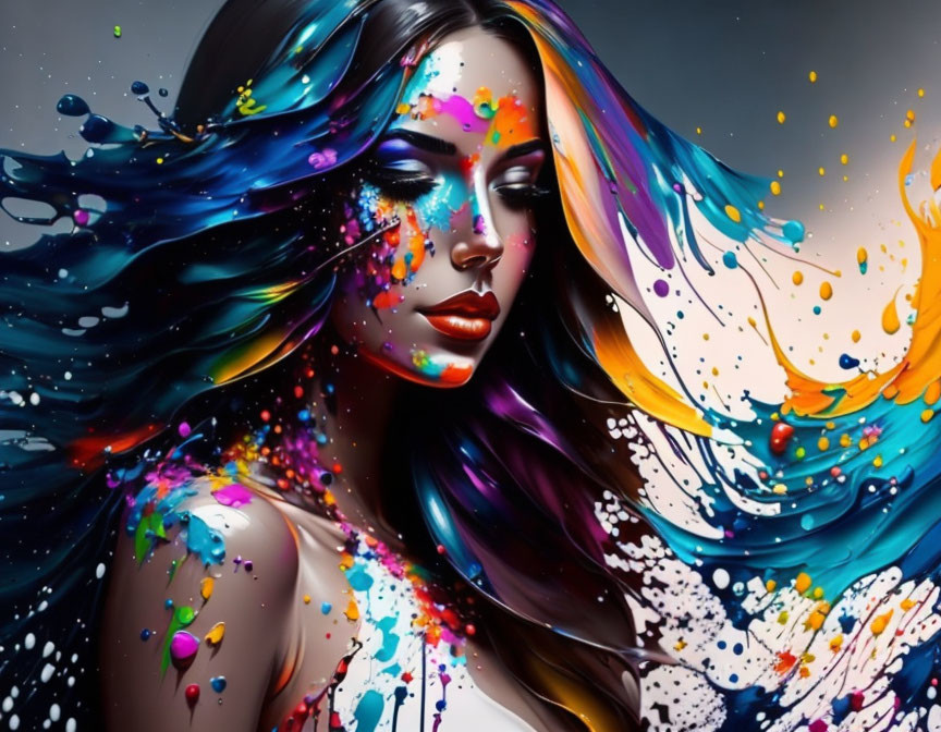 Colorful digital art: Woman with paint splashes and flowing hair