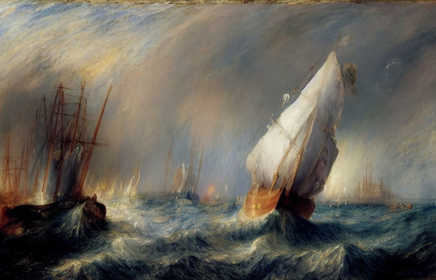 Maritime scene with sailing ships battling storm