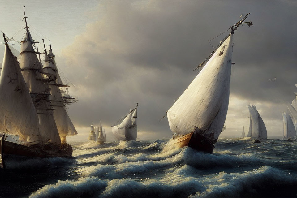 Sailing ships with billowing sails on choppy ocean waters