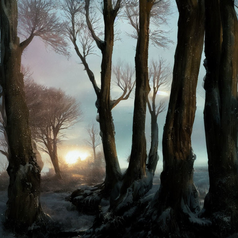 Snowy forest at twilight with bare trees and warm glowing light