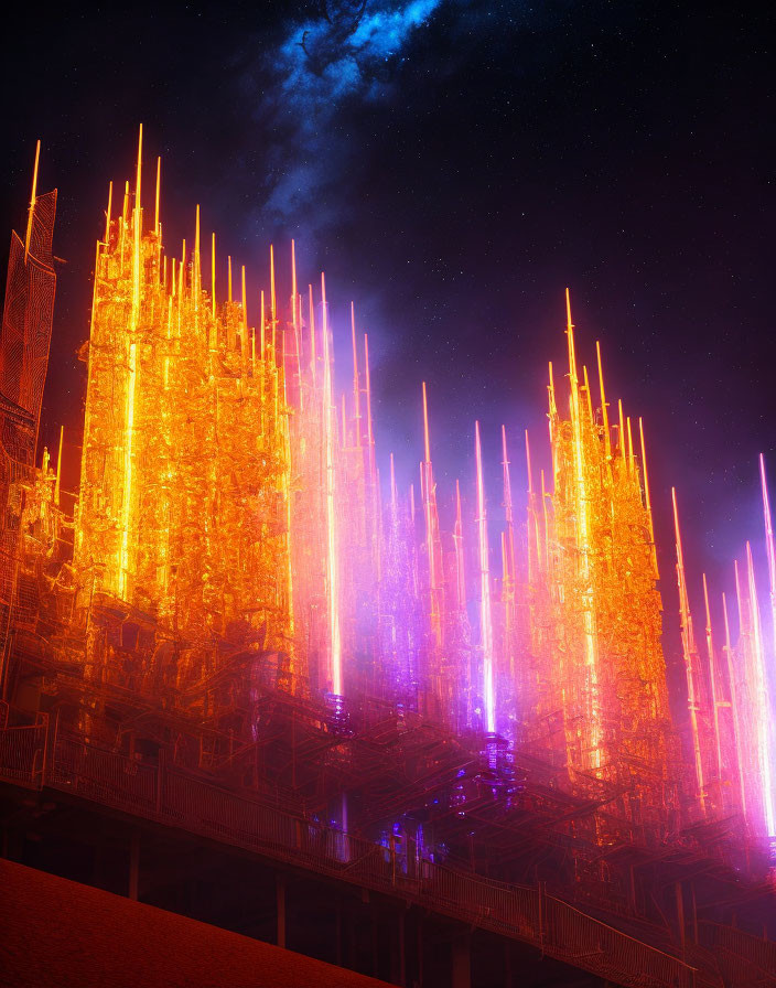 Futuristic cityscape with golden and purple neon skyscrapers at night