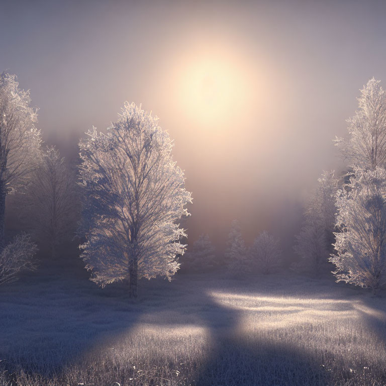 Winter landscape with frost-covered trees and sunlit snow