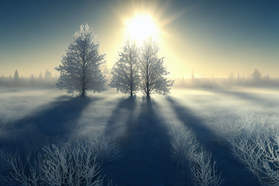 Frost-covered winter trees in bright snowy landscape