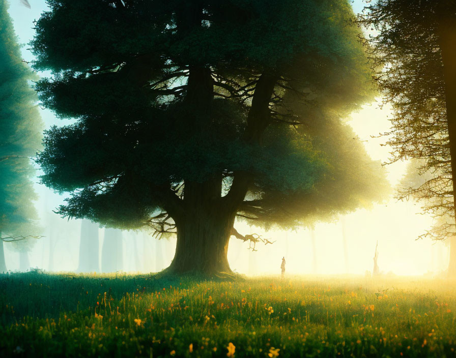 Tranquil sunlit meadow with majestic tree and forest in mist