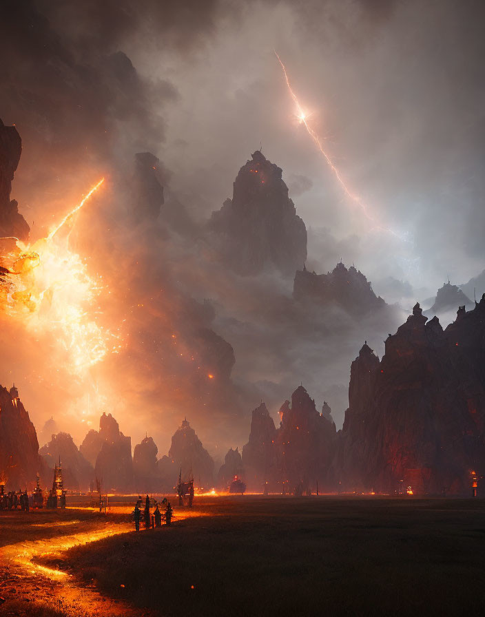 Fantasy landscape with towering rocks, fiery explosion, lightning, and silhouetted figures