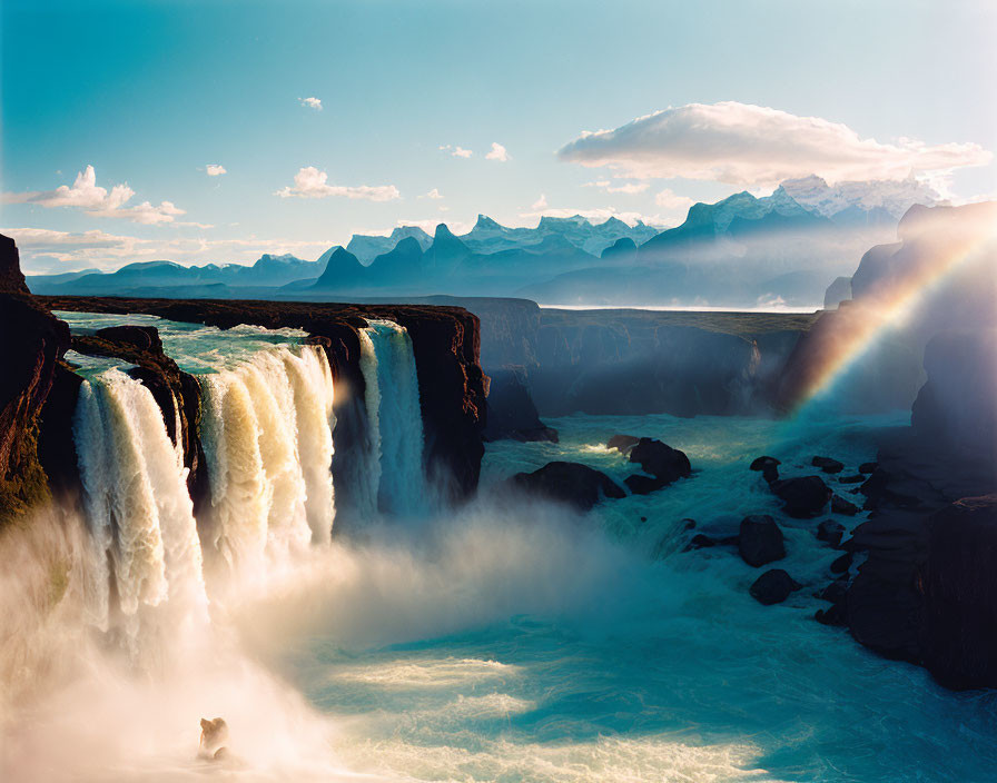 Scenic waterfall with rainbow, cliffs, and mountains