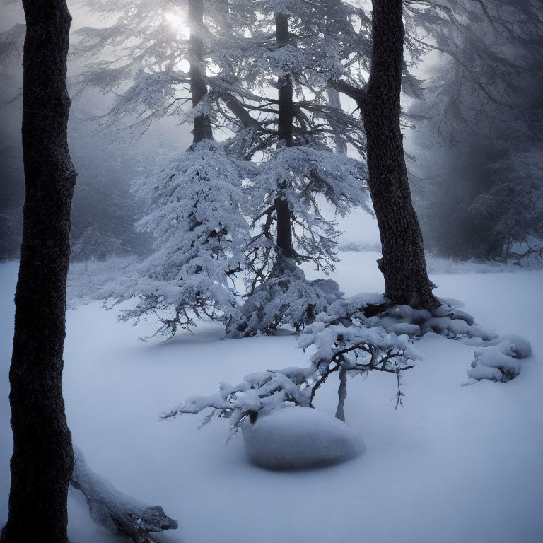 Snowy landscape with frosted trees in soft mist