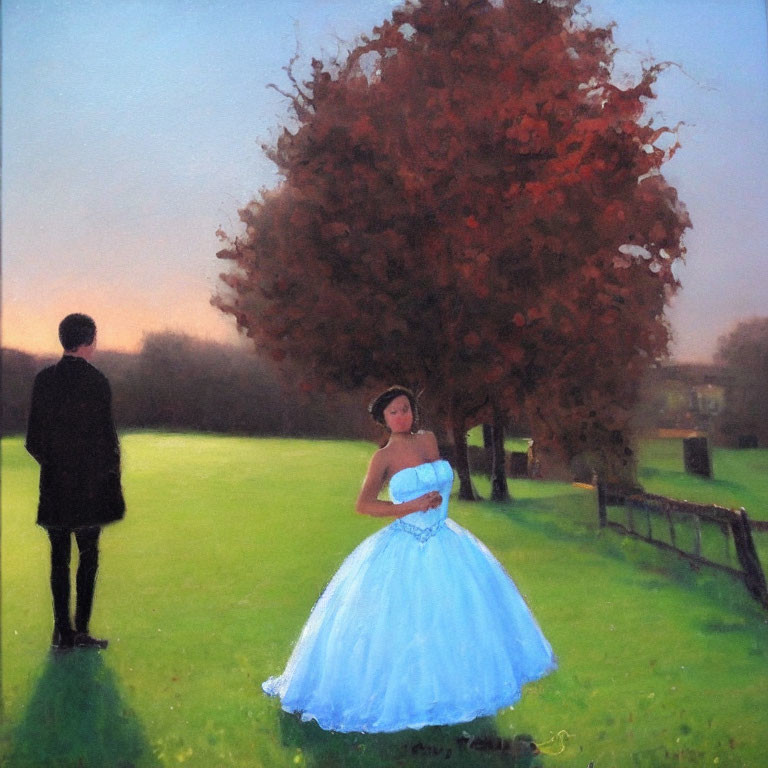 Portrait of Woman in Blue Gown and Man in Black in Sunset Field