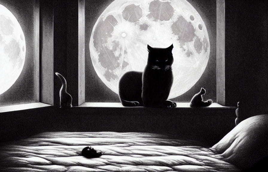 Monochrome cat silhouette on windowsill with moon in background