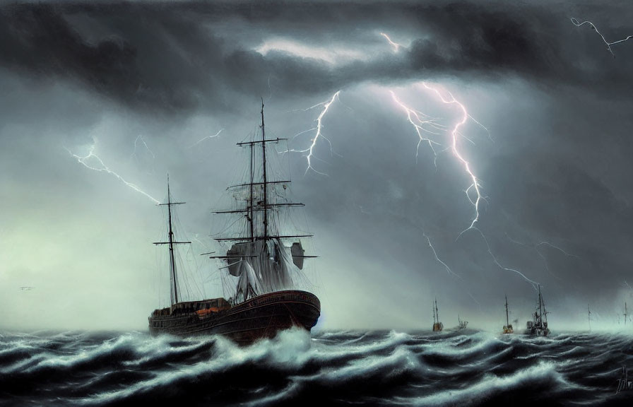 Tall ship sailing turbulent seas under stormy sky