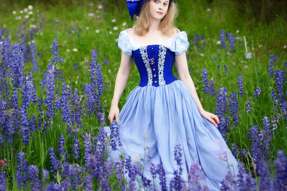 Woman in Blue and White Dress with Blue Hat in Field of Purple Flowers