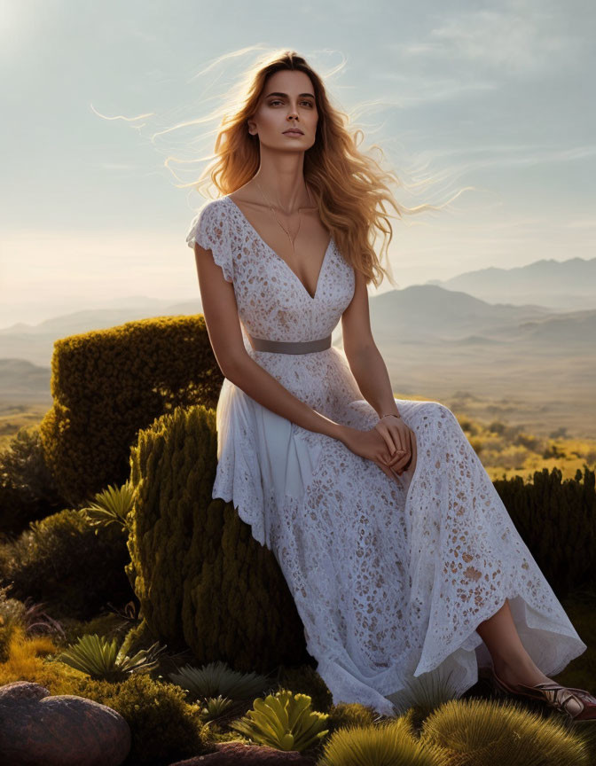 Woman in White Lace Dress Sitting on Rock in Desert Landscape at Golden Hour