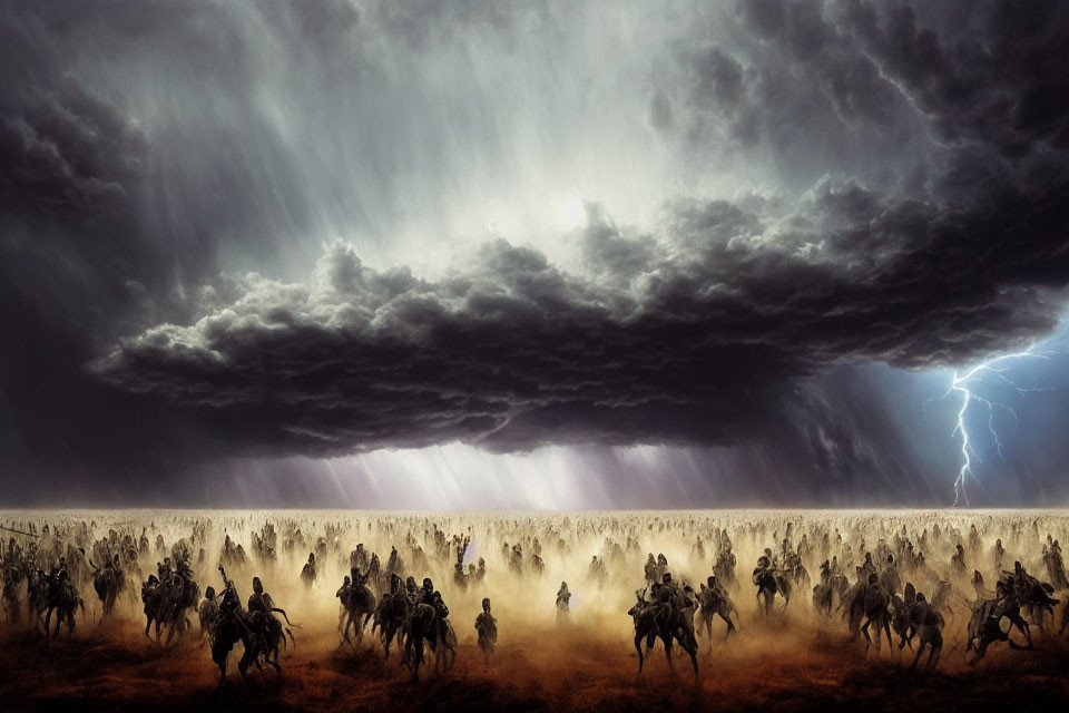 Cavalry charge scene under stormy sky with lightning