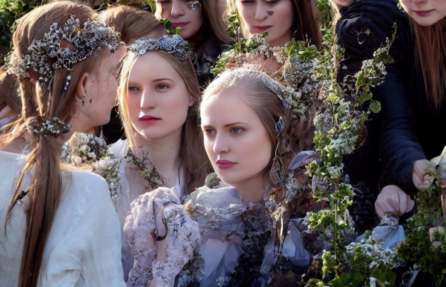 Group of individuals in nature-themed costumes with floral headpieces, gathering closely.