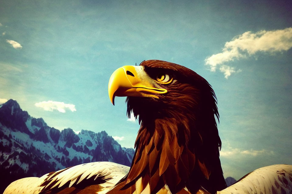 Profile view of majestic bald eagle against blue skies and mountain peaks