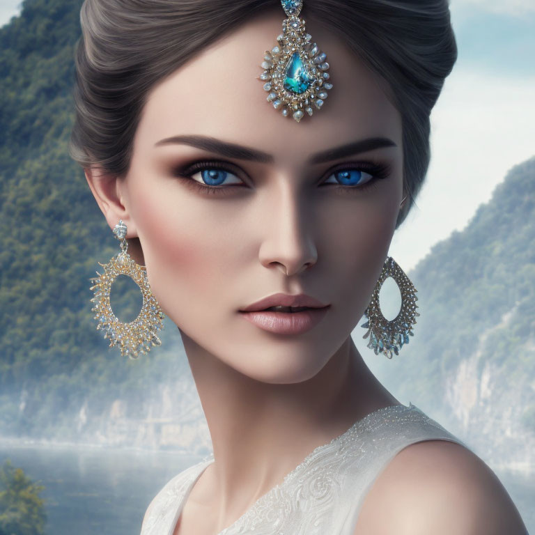 Woman with piercing blue eyes and elegant jewelry against misty mountain backdrop