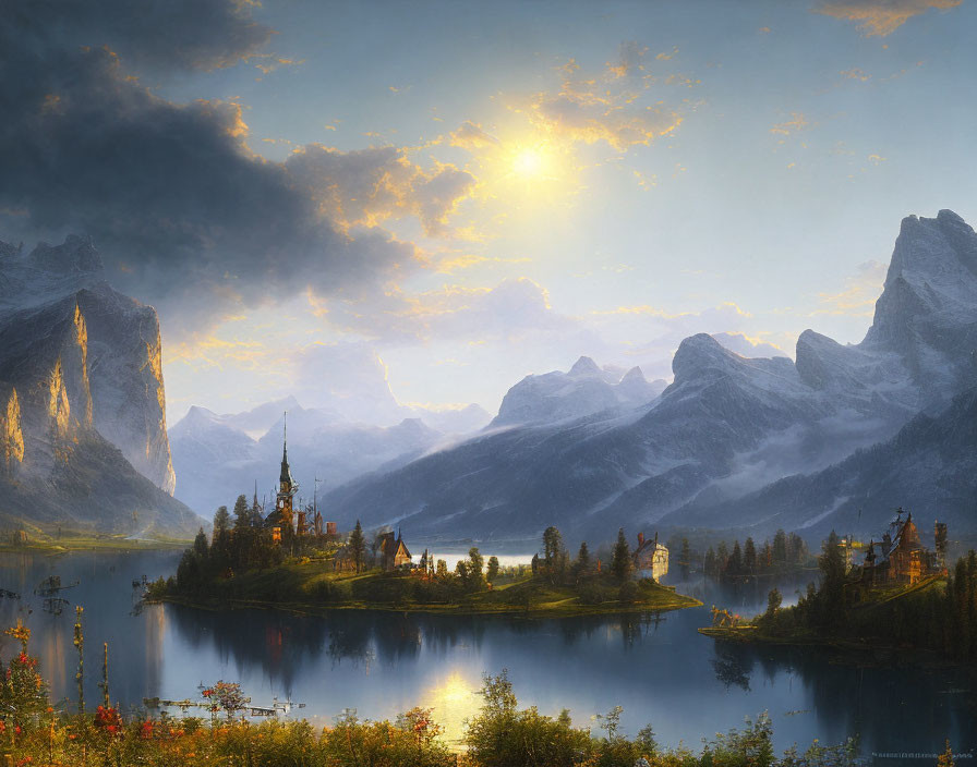 Majestic mountains and castle by serene lake at sunset