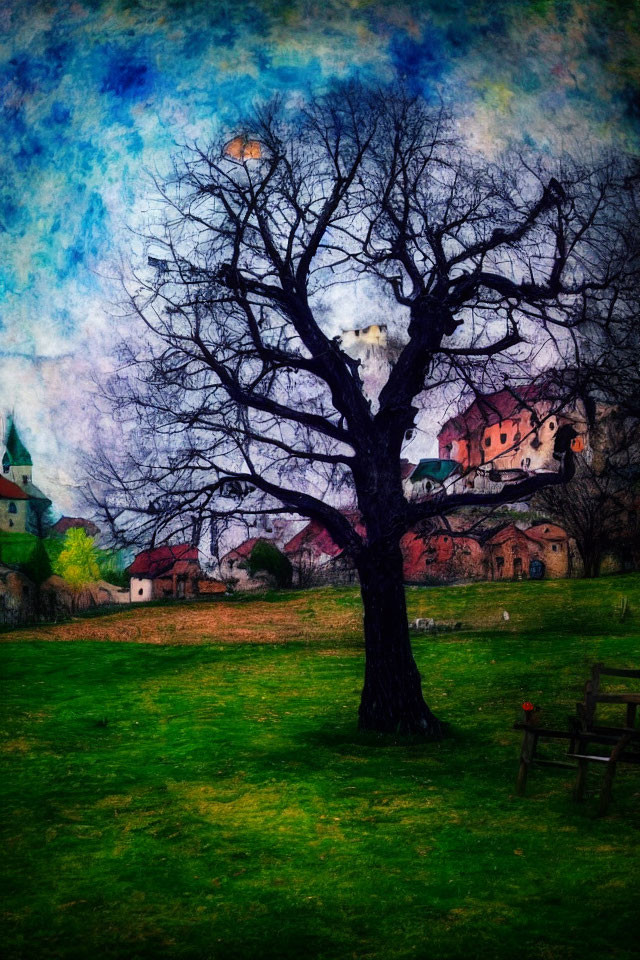 Colorful landscape with leafless tree, houses, and castle under textured sky