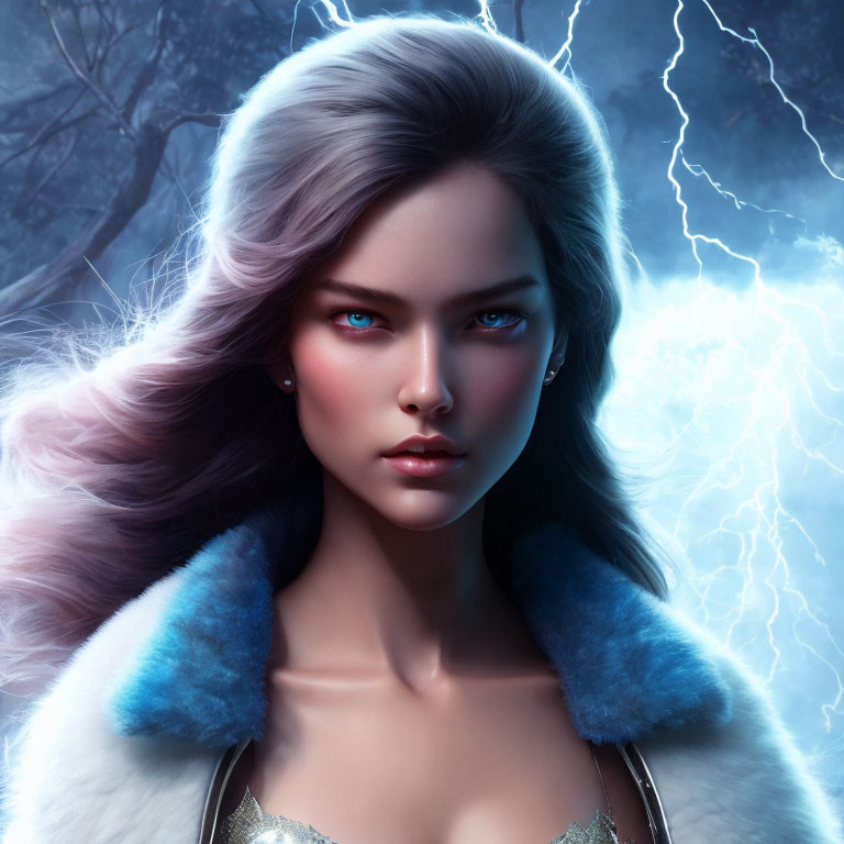 Portrait of Woman with Blue Eyes and Silver Hair in Mystical Setting