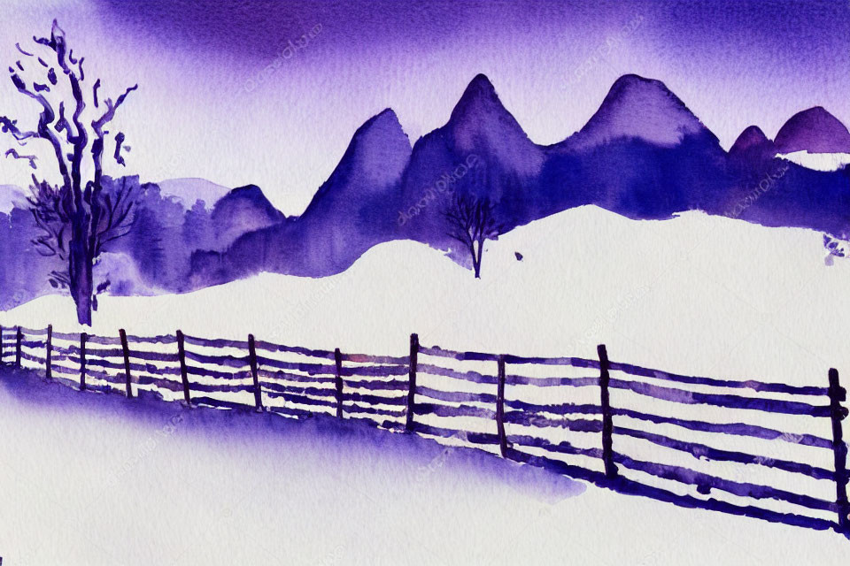 Winter Landscape Watercolor Painting with Purple Mountains and Bare Tree