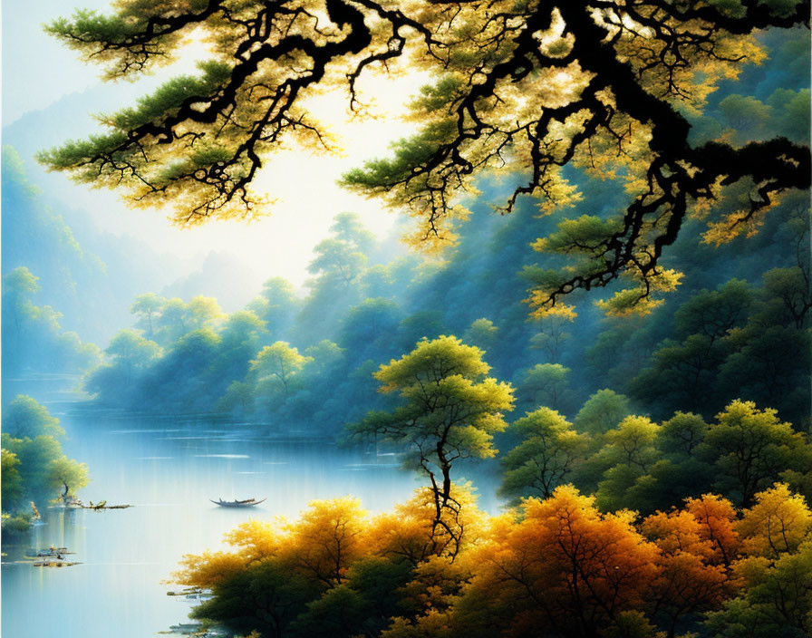 Tranquil lake scene with golden foliage and small boat