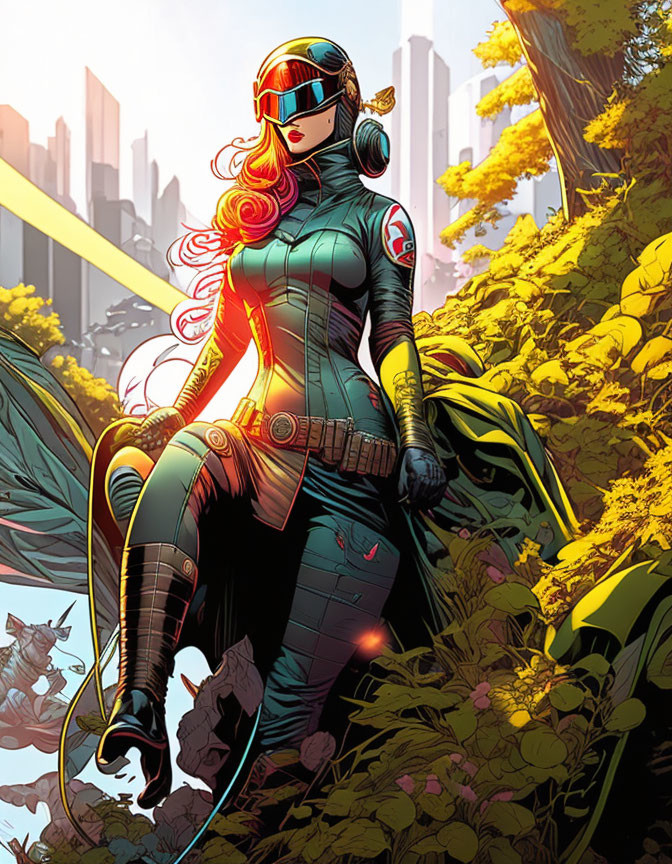 Female superhero with red hair in green suit and helmet in vibrant forest