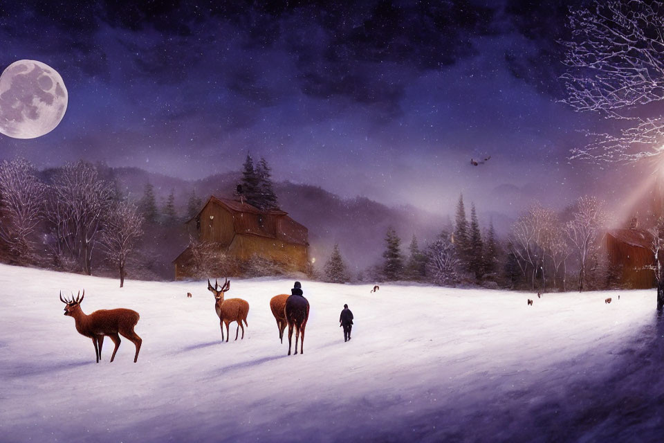 Winter Night Landscape: Deer, Full Moon, Snow, Buildings & Trees