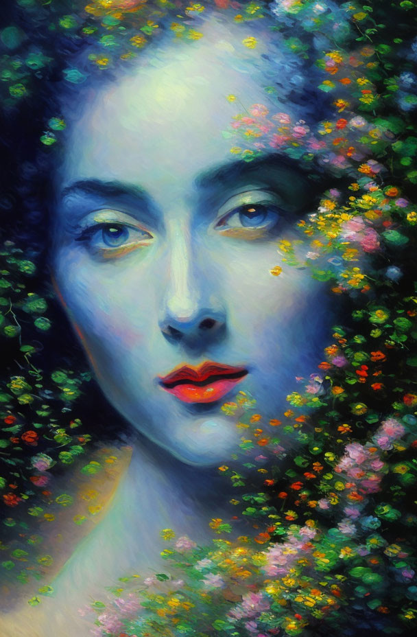 Vibrant impressionistic painting of woman's face with flowers