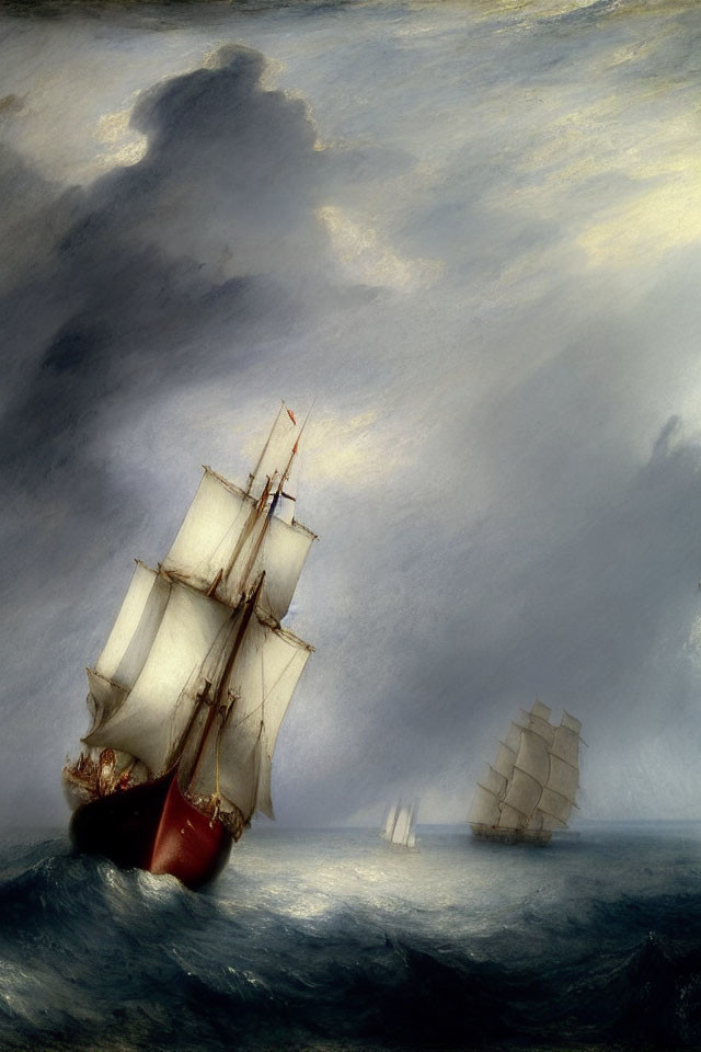 Maritime scene: Two sailing ships in stormy seas