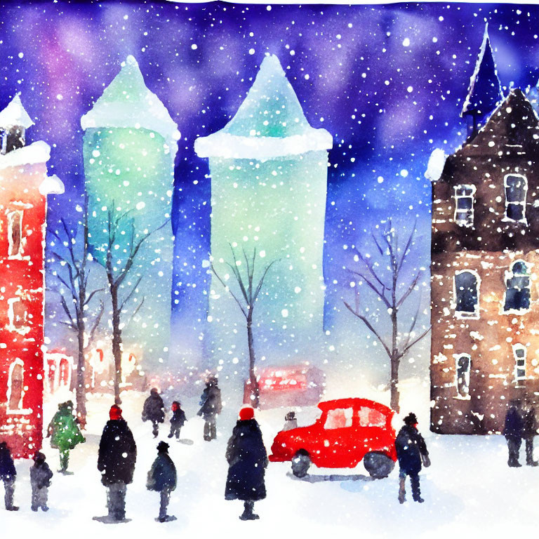 Snowy Street Scene Watercolor Painting with Red Car & Colorful Buildings