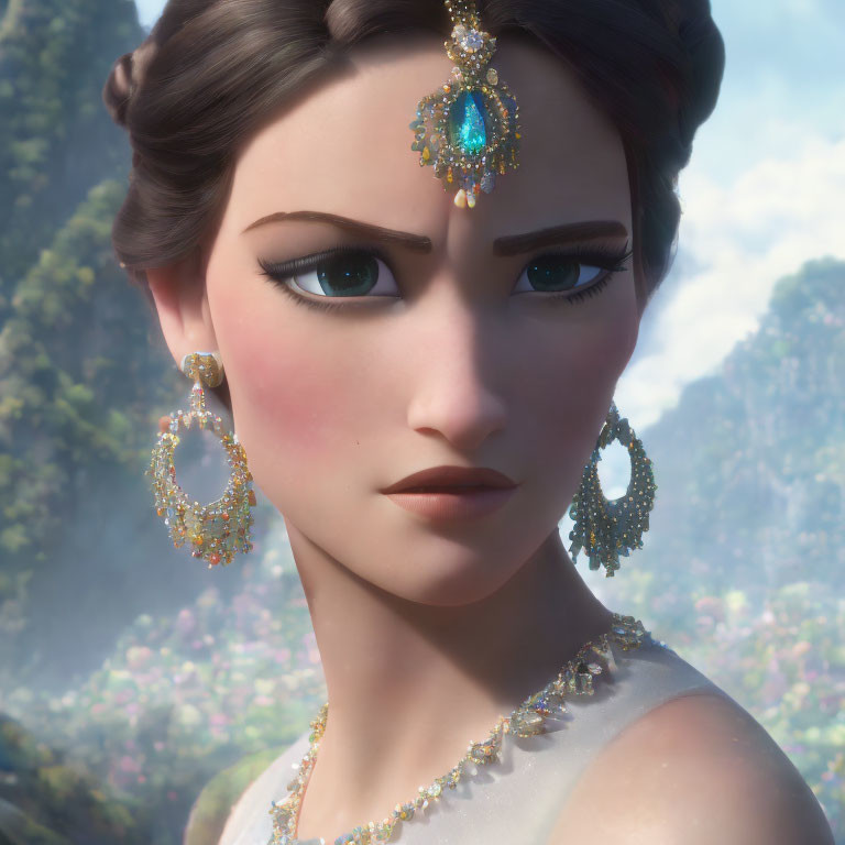 Detailed 3D animated female character with intricate hairdo and gold jewelry.