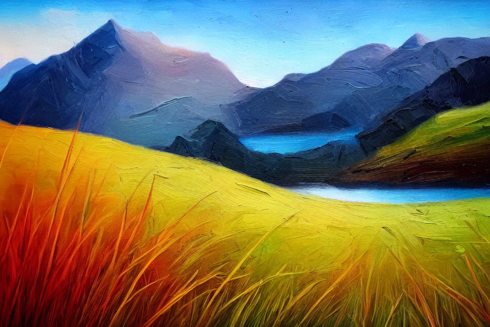 Colorful mountain landscape painting with lake and golden grasses