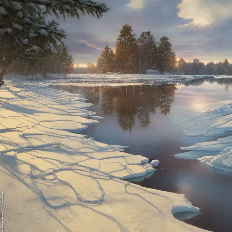 Snow-covered ice sheets on calm riverbank at dusk with silhouetted trees