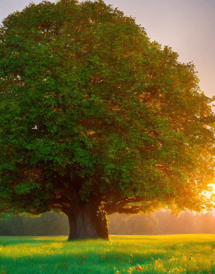 Majestic tree with lush green leaves at sunrise over serene meadow