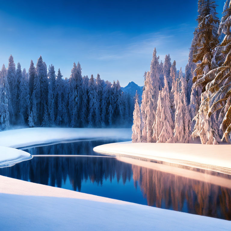 Snow-covered trees reflected in a calm lake in serene winter landscape