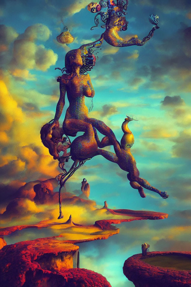 Surreal Artwork: Flexible humanoid figure with eclectic items and creatures in vibrant sky