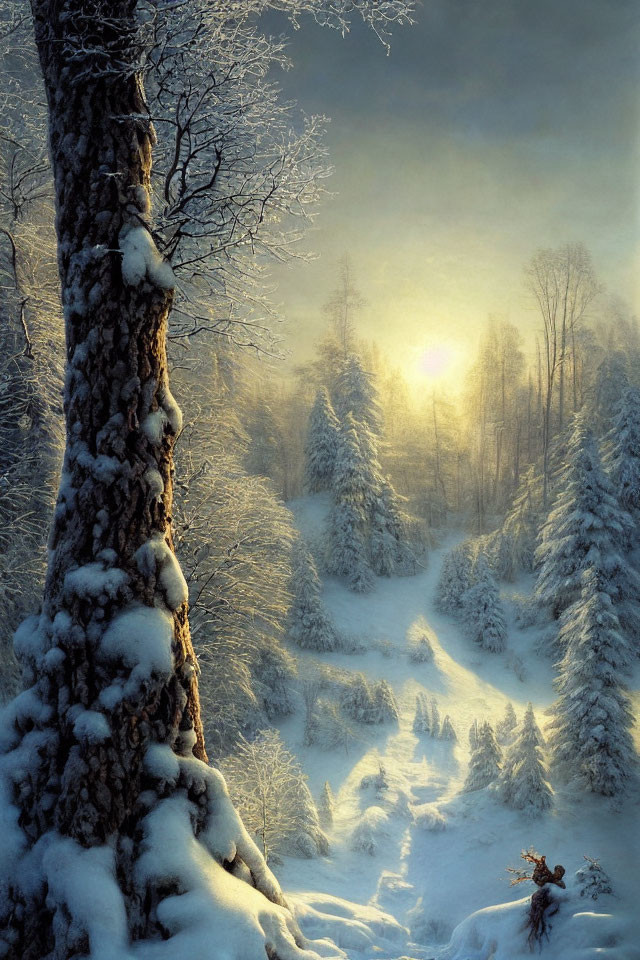 Snow-covered trees in serene winter landscape at sunrise or sunset.