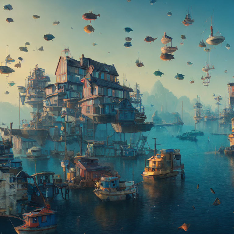 Futuristic waterside cityscape with floating houses and boats under hazy sky