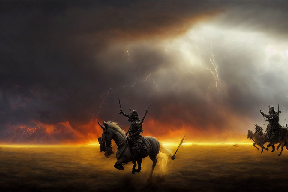 Medieval knights on horseback in stormy battlefield with lightning