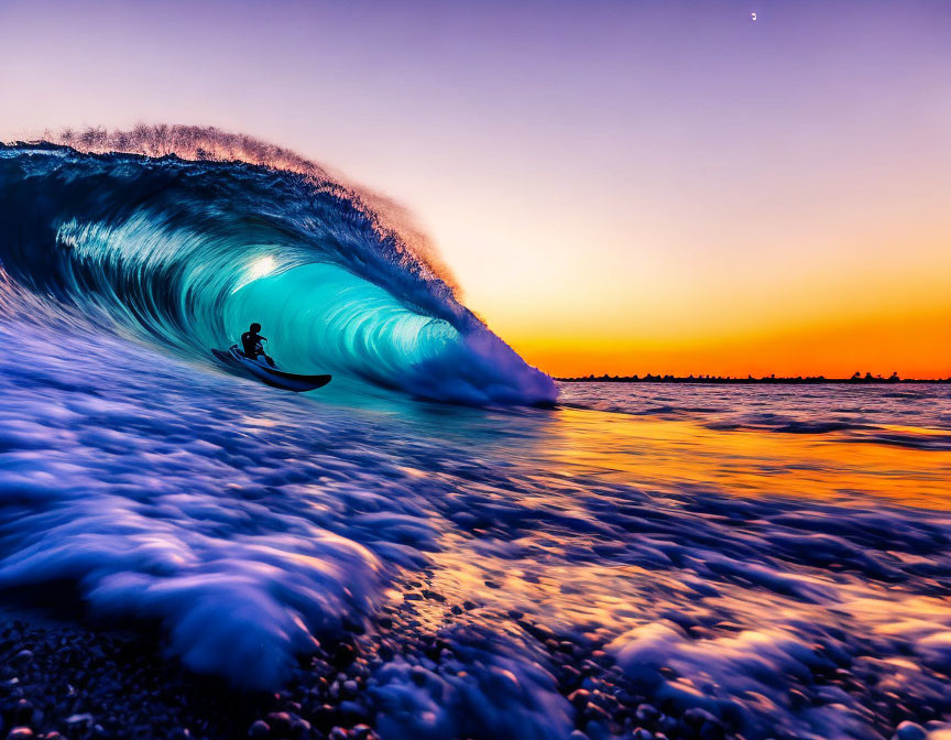 Surfer riding large blue wave at vibrant sunset.