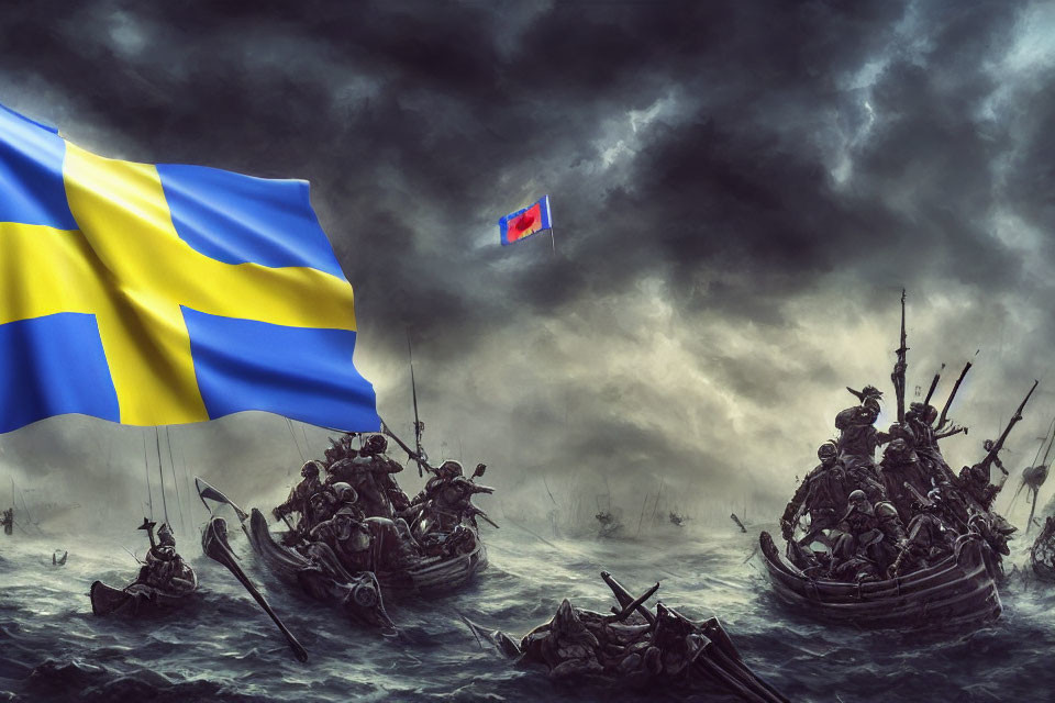 Stormy Sea Battle: Swedish and Russian Flags Flying