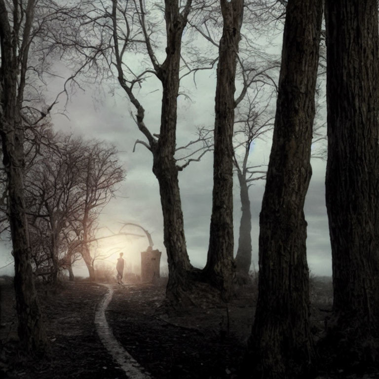 Foggy forest scene with twisted path and old stone structure