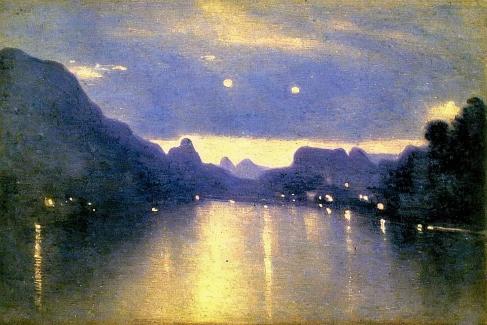 Moonlit Lake Surrounded by Mountains at Night