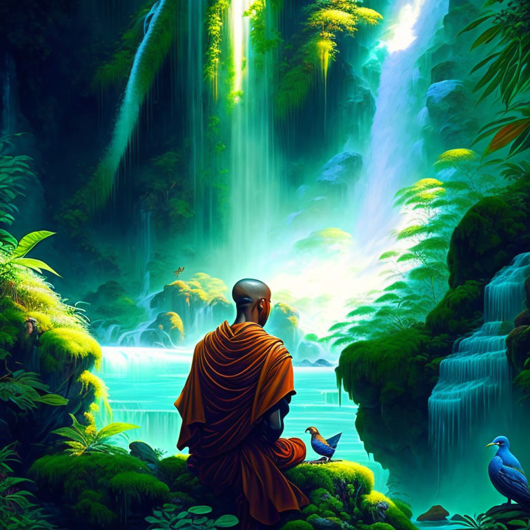 Meditating monk in orange robes by serene waterfall in mystical forest