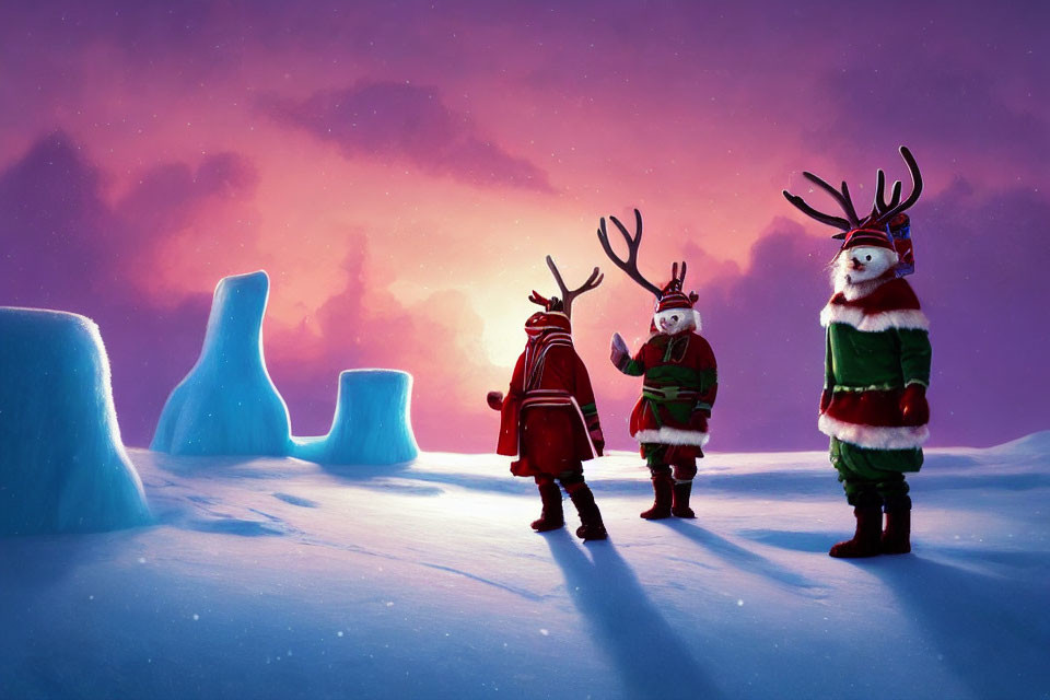 Three animated reindeer characters in winter clothing under purple and pink sunset sky