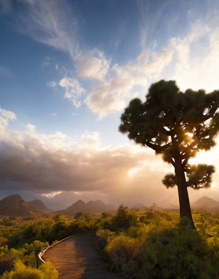 Desert landscape with wooden walkway, lone tree, mountains, and sunset sky