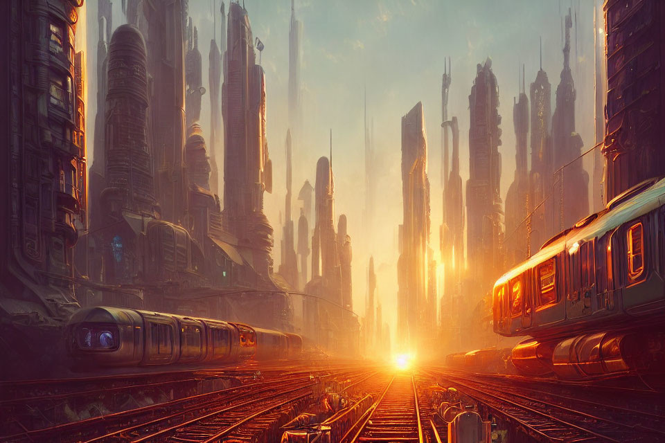 Futuristic cityscape with towering skyscrapers and passing trains